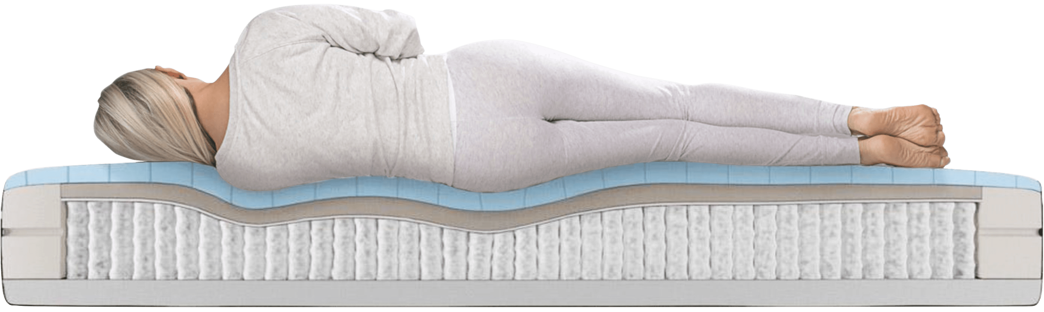 Picture of a cutaway of our hybrid mattress with someone lying on it to show how the product both supports and gives comfort.